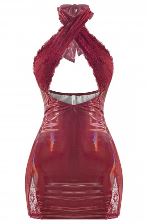 HALTER CRISS CROSS LACE & VINYL PU MINI DRESS