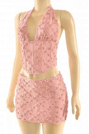 FLORAL LACE HALTER CORSET TOP & MINI SKIRT SET