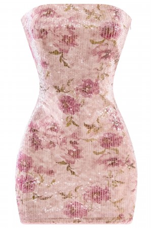 STRAPLESS SEQUIN FLORAL MINI DRESS