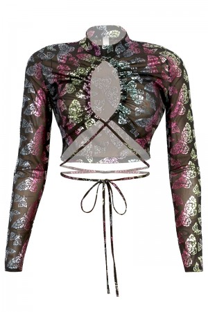 LONG SLEEVE MESH BUTTERFLY PRINT CROP TOP