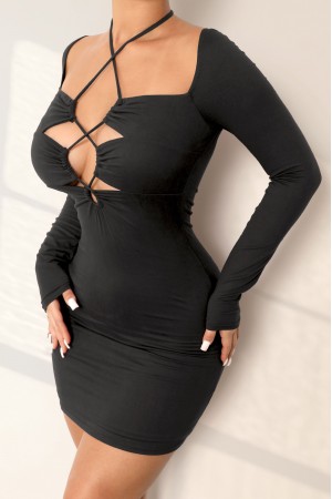 LONG SLEEVE SQUARENECK CRISS CROSS HALTER MINI DRESS