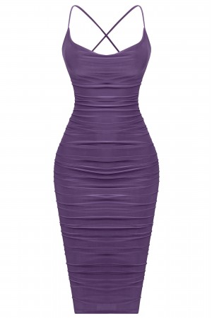 SLEEVELESS RUCHED MIDI DRESS W/ BACK CRISS CROSS