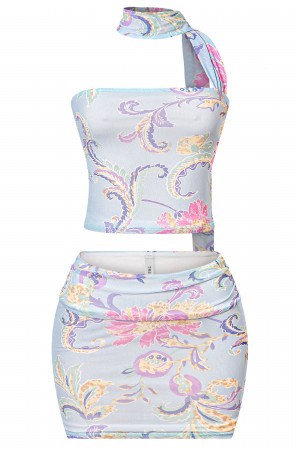 STRAPLESS NECK SASH CROP TOP & MINI SKIRT SET