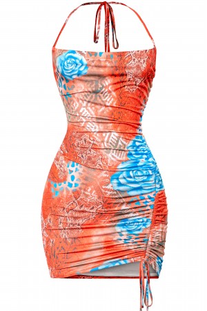 SLEEVELESS HALTER FLORAL ANIMAL PRINT MINI DRESS