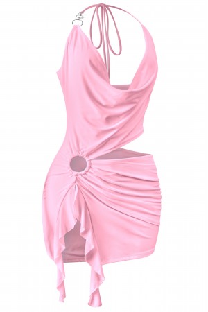 SLEEVELESS HALTER FRONT SLIT MINI DRESS