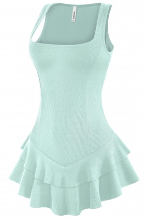 SLEEVELESS SQUARENECK RUFFLED ROMPER MINI DRESS