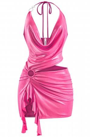 SLEEVELESS HALTER METALLIC MINI DRESS