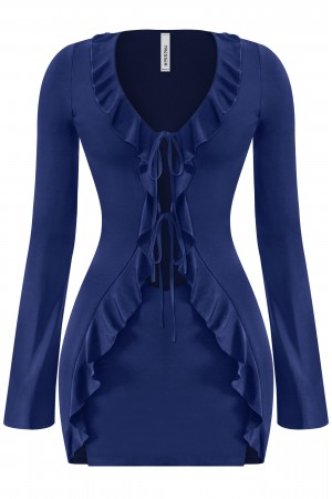 LONG SLEEVE RUFFLED FRONT TIE MINI DRESS