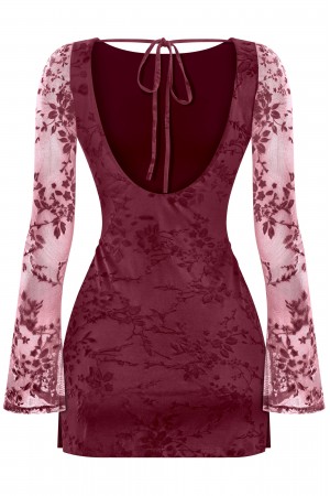 LONG SLEEVE FLORAL VELVET MESH MINI DRESS